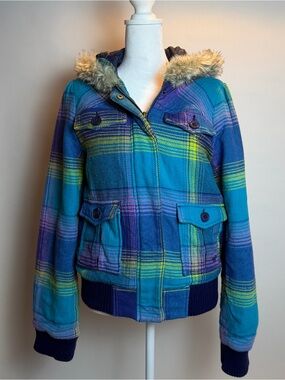 Roxy Teal, Purple & Yellow Plaid Hooded Bomber Jacket with Faux-Fur Trim